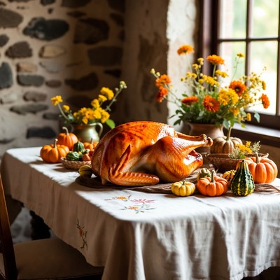 Thanksgiving feast on a rustic table