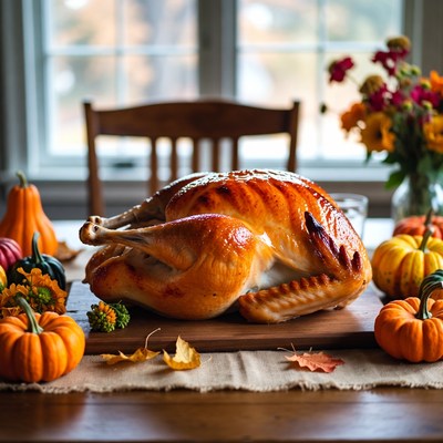 Thanksgiving dinner with turkey and decorations