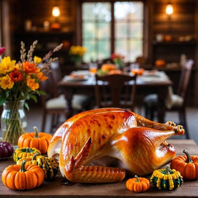 Thanksgiving dinner setup with turkey and decor