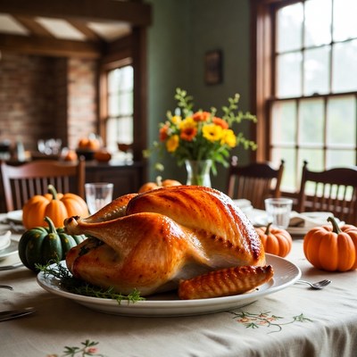 Thanksgiving dinner with turkey and pumpkins