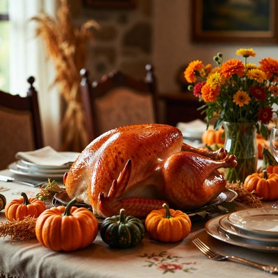 Thanksgiving turkey and pumpkins dinner