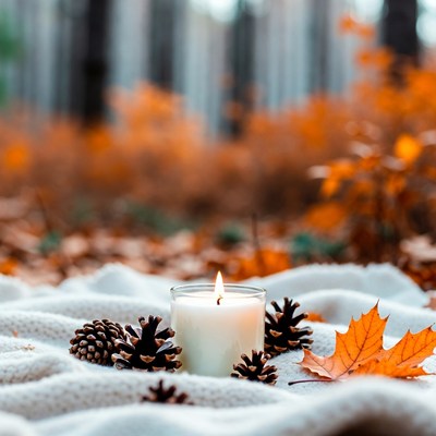 Autumn candle and pinecones in forest