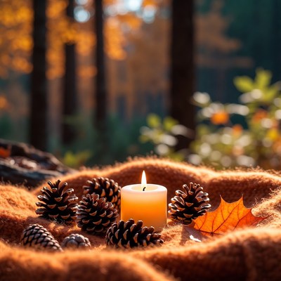 Candle and pinecones in forest
