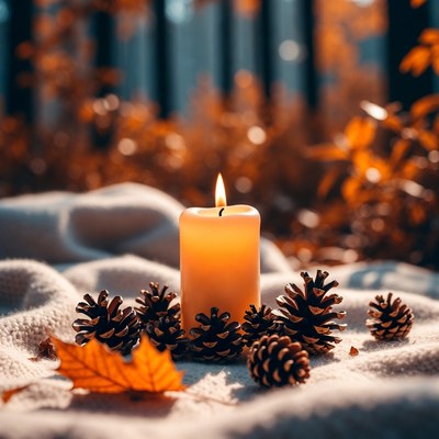 Candle and pinecones on blanket