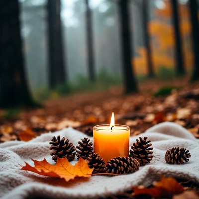 Candle and leaves in forest