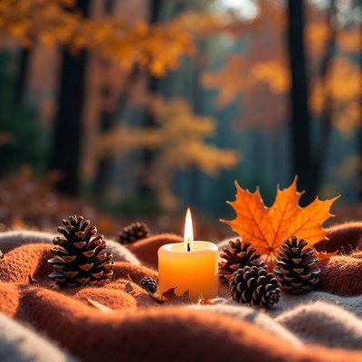 Autumn scene with candle and pine cones