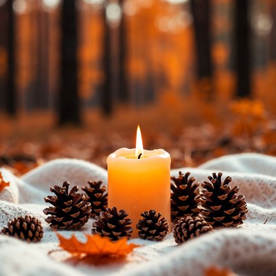 Candle and pinecones in forest