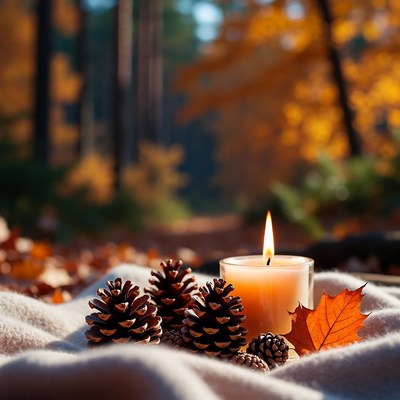 Fall candle and pinecones in forest