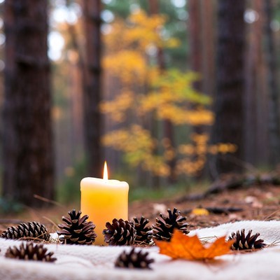 Candle and pinecones in forest