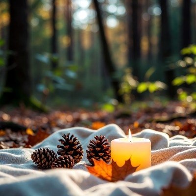 Candle and pinecones in forest