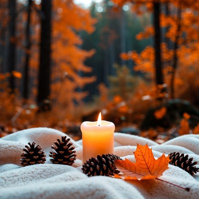 Candle on blanket with pinecones in autumn