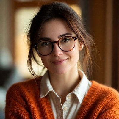 Woman with glasses in a cozy space