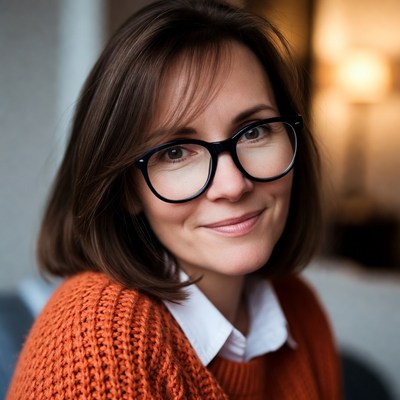 Smiling woman wearing glasses indoors