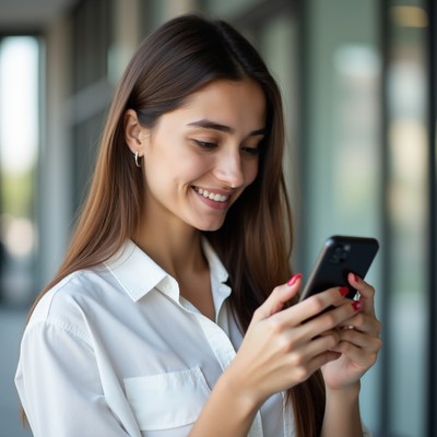 Woman smiles while texting phone indoors