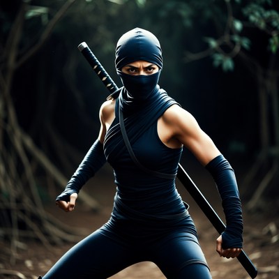 Female ninja prepares for battle in a forest