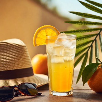 Refreshing drink with fruit nearby