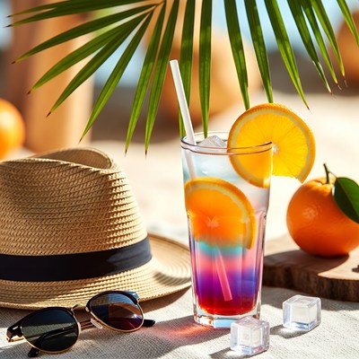 Colorful drink with fruits by the beach