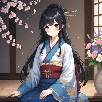 Girl in traditional outfit by flowers