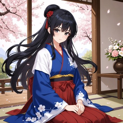Girl in traditional dress at cherry blossom house