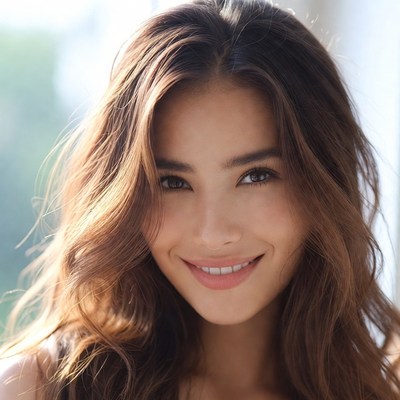 Smiling woman with long hair indoors