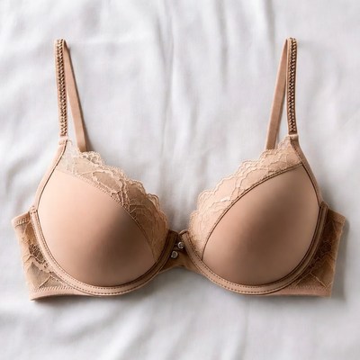 Bra placed on white fabric surface