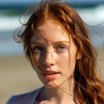 Woman at the beach with wind