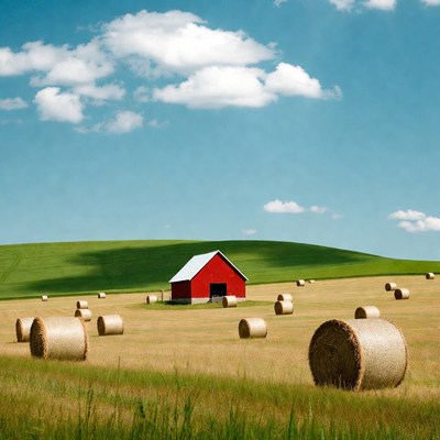 Red barn and hay bales in field