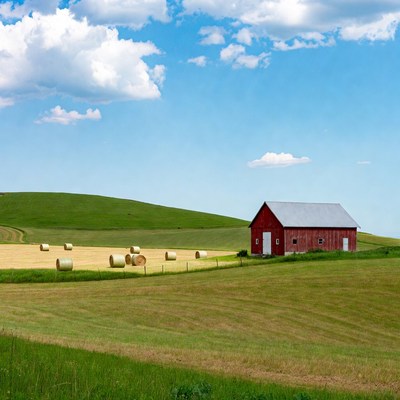 Red barn in rural landscape during daytime