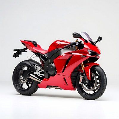 Red motorcycle on display in studio