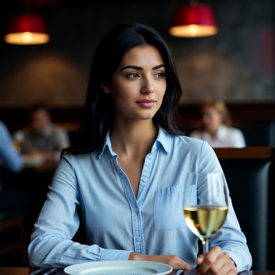 Woman seated in restaurant with wine glass