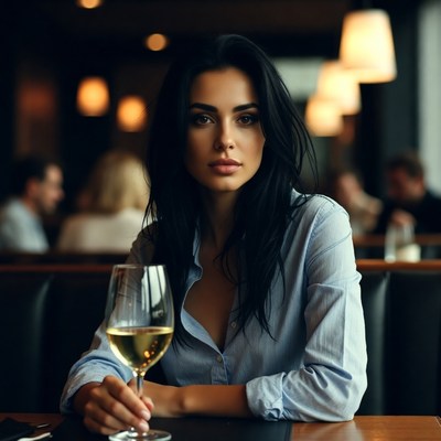 Woman sitting at a table with wine