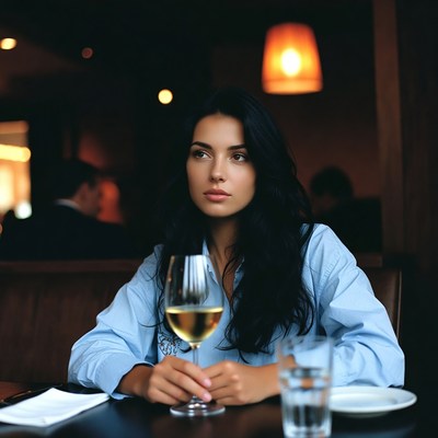 Woman sitting at table with drink