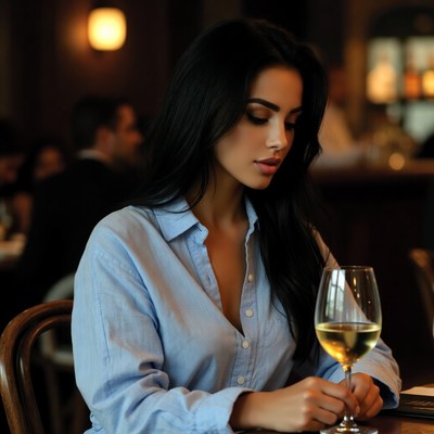 Woman sitting in restaurant enjoying drink
