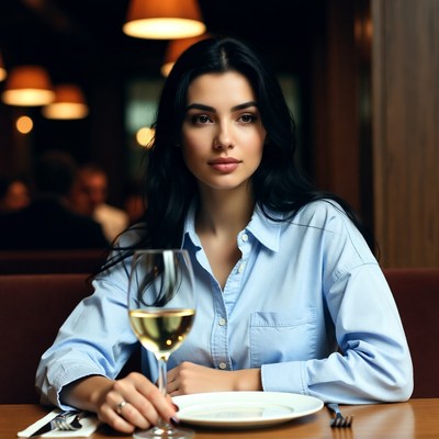 Woman sitting in restaurant with white wine