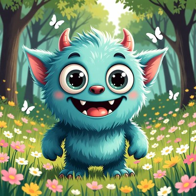 Cute blue monster in a forest