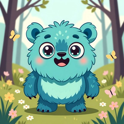 Cute bear in a forest with butterflies