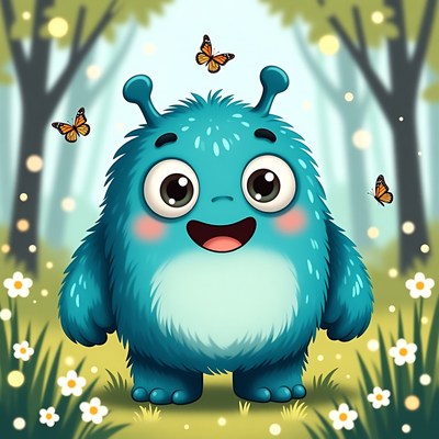 Cute blue monster in a forest