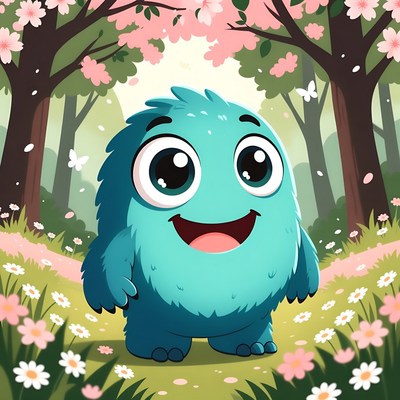 Cute blue creature in colorful forest