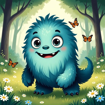 Blue furry creature in the forest