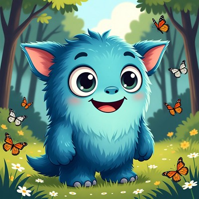 Cute blue creature in a forest