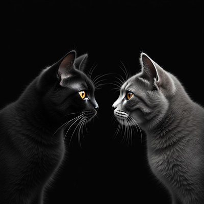 Two cats face each other in a dark setting