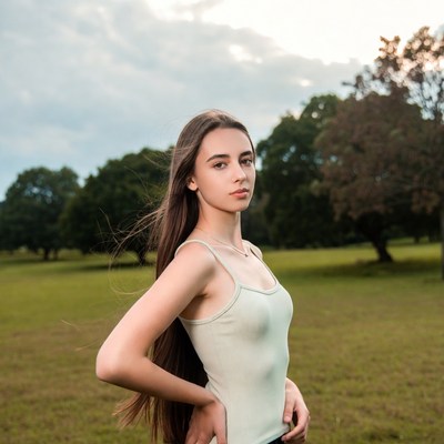 Young woman stands in green field