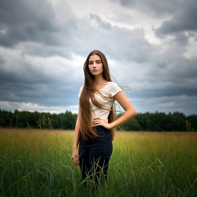 Girl standing in tall grass field