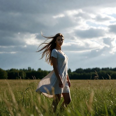 Woman walking in a grassy field