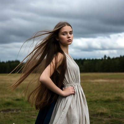 Girl with long hair in field