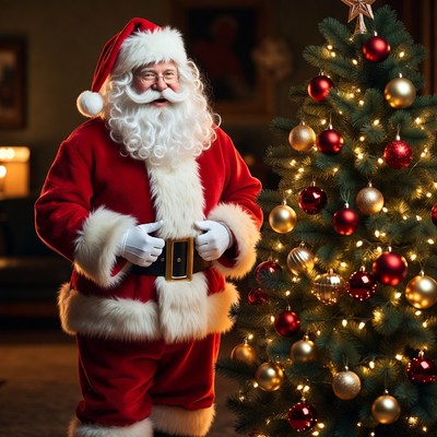 Santa claus stands by holiday tree