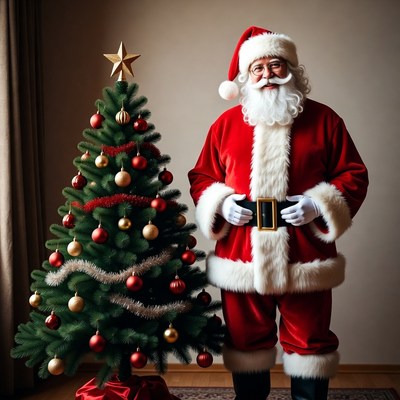 Santa stands by christmas tree