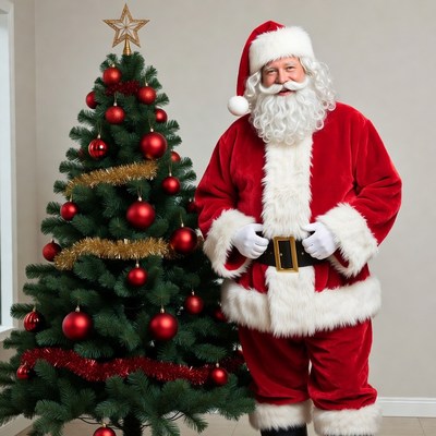 Santa claus stands near christmas tree