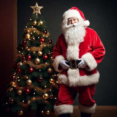 Santa claus stands by the christmas tree
