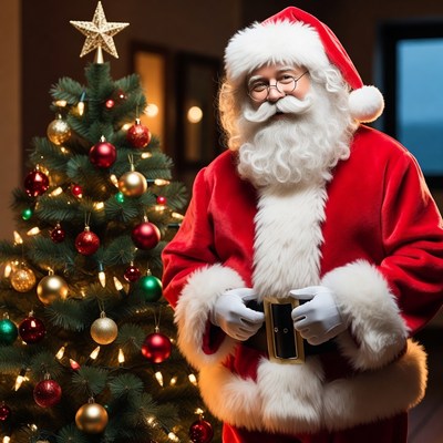 Santa by a christmas tree